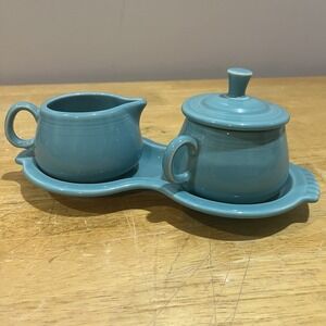 Vintage FIESTA WARE Turquoise Sugar & Creamer Set - Coffee/Tea - Complete w/Tray